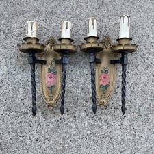 PAIR OF ANTIQUE/VINTAGE BRONZE DOUBLE CANDLESTICK WALL SCONCES ELECTRIC  picture