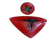 Vtg 1964 Small Midcentury Modern Enameled MCM triangle Tray dish BCB red metal picture