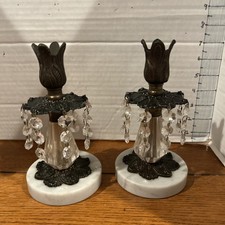 Vintage Pair Brass Filigree Crystal Prisms Candle Holders Italian Marble Bases picture