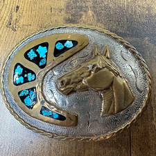 Vintage 70s/80s Crown Silver Horse Belt Buckle Turquoise Inlay Handmade USA picture