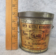 RARE Vintage F. S. Simmons Lemoyne Pa Open Kettle Rendered Pig Lard Tin RARE picture