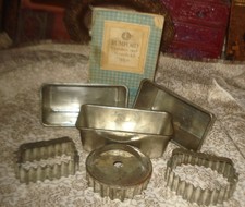 Vtg/Antique Tin Fluted Biscuit Cutters 3 Fox Run Mini Loaf Pans, Rumford Cook Bk picture