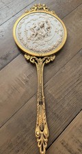 Vintage Handheld Mirror Angels Gold Finish24K Gold Plated Porcelain Roses picture