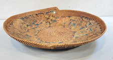 Vintage 1980s Palecek Mid Century Modern Leaf Design Rattan Wooden Bowl ~20” picture