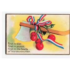 George Washington Birthday Postcard Hatchet Cherries Patriotic Ribbon Embossed picture