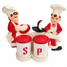 Vintage 50’s Red White Salt Pepper Shaker Set Double Chefs Plastic Wall Caddy picture