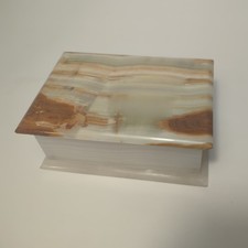Vintage Banded Onyx Jewelry Box Stone Trinket Case Hinged Lid Marbled Alabaster picture