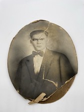 Antique Photo Man In Suit Bowtie, Portrait Oval, 13 x 10 inch, See Pics Damage picture