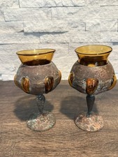 Vintage Brutalist Cage Blown Glass Goblets Amber Imprisoned Chalice - Pair Of 2 picture