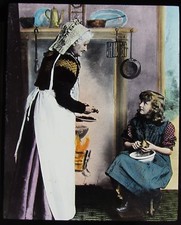 Glass Magic Lantern Slide OLD WOMAN AND GIRL IN KITCHEN C1890 VICTORIAN PHOTO  picture