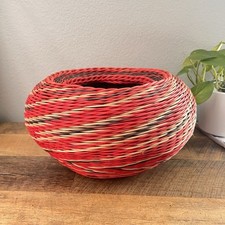 1970s Hand-Coiled Decorative Basket by Lois Anne - Red & Natural Fiber Folk Art picture