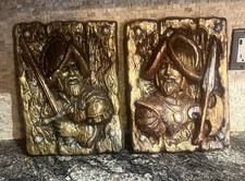 Vintage Pair of Spanish Conquistador Soldiers Ceramic Plaque 3D Painted Wall Art picture