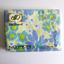 VTG 70's LADY PEPPERELL Twin Flat Sheet NOS Mod Blue Green Floral Cottagecore picture