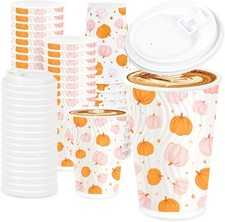 100 Pcs Fall Disposable Coffee Cups with Lids 16 Oz Pink Orange Pumpkin Paper picture
