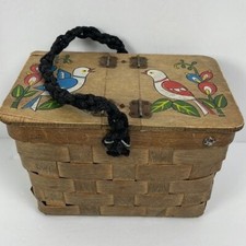 Vtg Wicker Weave Basket Birds Rope Handle Hinged Flap cottagecore SEE FLAWS picture