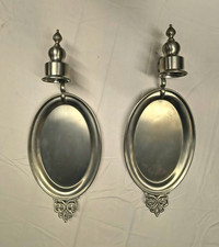 Vintage WEB Pewter Wall Candle Sconces Pair Oval Reflector Colonial Decor picture