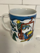 RARE-Vintage Peanuts Snoopy Woodstock Ceramic Mug Christmas Sled-Ski Lift picture