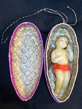 Antique German Dresden Cardboard Pinecone Ornament Candy Container w/ Wax Angel picture