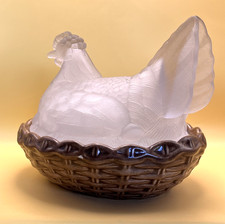 RARE Vtg Enesco Frosted Glass Hen on Ceramic Nest Lg Trinket Dish 1983 picture