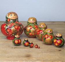 10 Piece Russian Matryoshka Nesting Dolls Hand Painted Wood Floral Red Gold picture