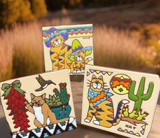 VTG ‘KRit’, signed 1999 “Earthtones Cat” Lot of 3 Trivet/Tile Hand Paint& Glazed picture