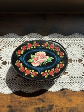 Vintage Black Oval Rose Floral Tin with Lid and Handles picture