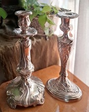 Pair Ornate American Art Nouveau Heavy Silver Candlesticks Mismatched Weidlich picture