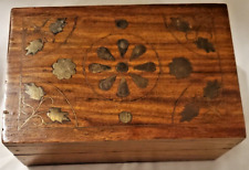 Vintage Wooden Trinket Box Intricate Floral Brass Inlay Orange Velvet Lining picture