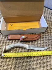 SILVER STAG Hunting Knife Deer Skinner Antler Handle Leather Sheath Handmade picture