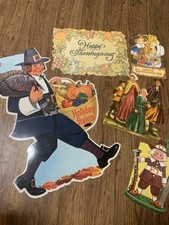 Vintage Thanksgiving Die Cut Lot Of 5 Pilgrims Turkey Ship Laminated picture
