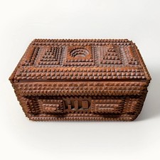 Vintage Tramp Art Carved Wooden Cigar Box Heavy ~4 lbs Handmade Folk Art 9x6x4 picture