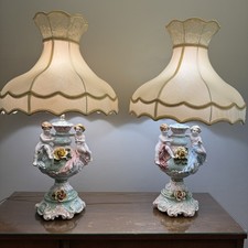 Pair Vintage Capodimonte style Porcelain Cherub Lamps 38” W/ Shade picture