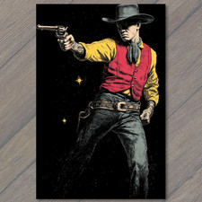 POSTCARD Western Cowboy Revolver Black Red Yellow Graphic picture