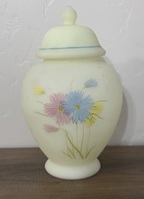 Vintage Fenton Frosted Vaseline Glass Covered Jar Hand Painted By D.HILL picture