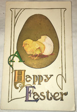 Vintage Happy Easter Postcard Deco Golden Egg Chick USA picture