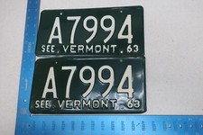 1963 63 VERMONT VT CAR VEHICLE LICENSE PLATE PAIR SET TAG #A7994 picture