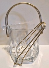 Vintage Mint Italian Modern Sculptural Glass Ice Bucket w/Gold Metal Tongs picture