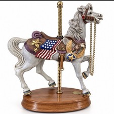 Patriotic Carousel Horse Figurine Stars Pattern Wood/Metal w/ Wooden Base picture