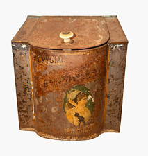 Late 1800’s or Early 1900’s Tin Toleware Storage Container Antique woman graphic picture