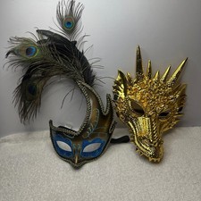 Couples Masquerade Set of Two Masks - Peacock Feather Venetian Style Gold Dragon picture
