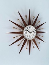 Retro Style Starburst Sunburst Wall Clock MCM Walnut Gold Silent Wood Metal 16in picture