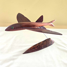 Handmade Hand-Carved Wood Flying Fish Sculpture on Stand Signed E. White 1973 picture