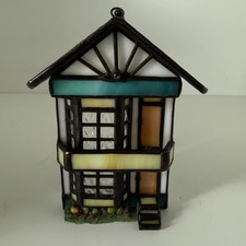 Forma Vitrum Stained Glass House Ornament Suncatcher Teal White Cottage picture