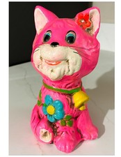 Rare Vintage 1966 Hippi Pink Cat Bank Blue Flower 6 1/2
