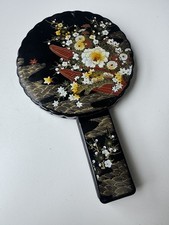 Vintage Japanese Black Lacquer Hand Mirror Traditional Floral & Golden Details picture