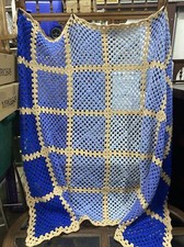 Vintage hand crochet Approx 90x60 Sq pattern large afghan blanket blue & beige picture