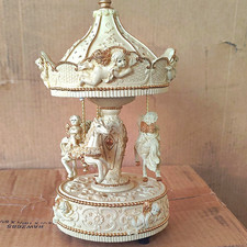 Vintage 1999 Paul Sebastian Design Musical Carousel - Ivory Gold Resin Cherubs picture