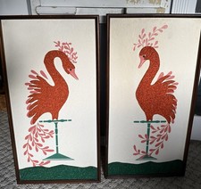 Vintage MCM 1960's Peacock Tropical Birds Gravel Art Wall Hanging Set of 2 picture