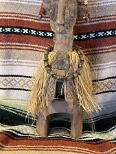 LARGE TRIBAL WEST AFRICAN CARVED WOOD WOMAN SCULPTURE WITH COWRIE SHELLS &RAFFIA picture