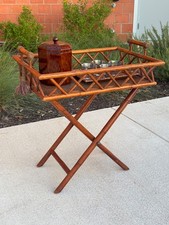 Vintage Mid Century Rattan Butler's Serving Tray w/ Collapsible Stand picture